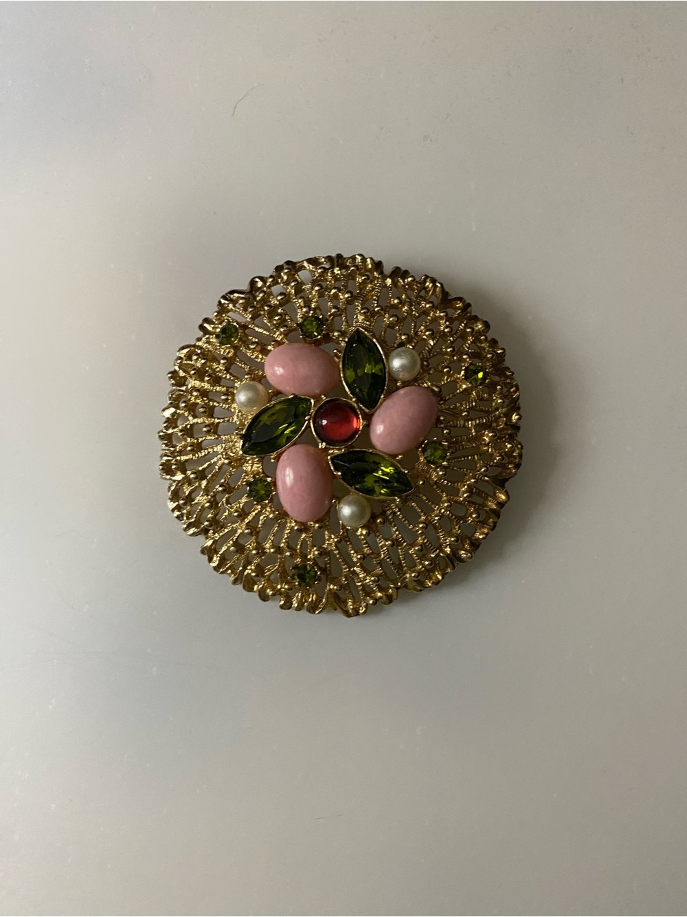 Stamped Sarahoo Gold-Tone Floral Brooch with Pink, Green and Pearl Accents